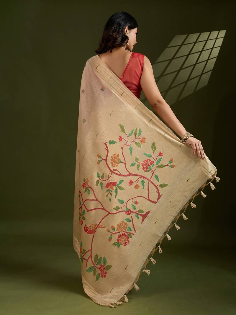 Cream soft muga cotton paithani zari woven saree with blouse