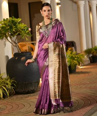Purple soft khadi raw silk zari woven saree with blouse 1
