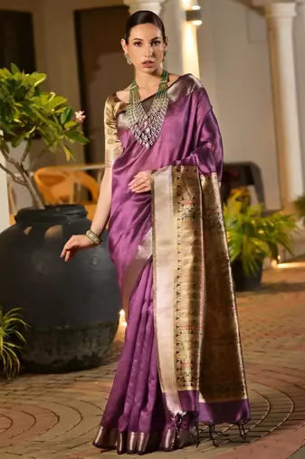 Purple soft khadi raw silk zari woven saree with blouse