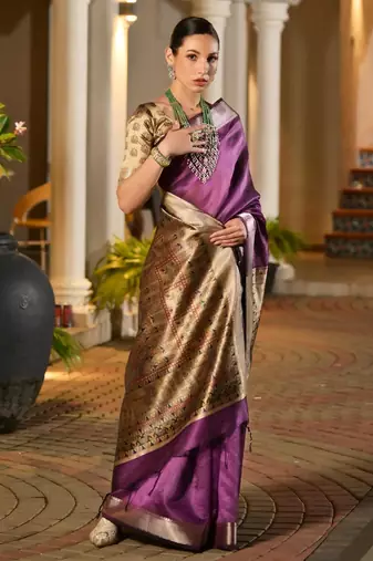 Purple soft khadi raw silk zari woven saree with blouse