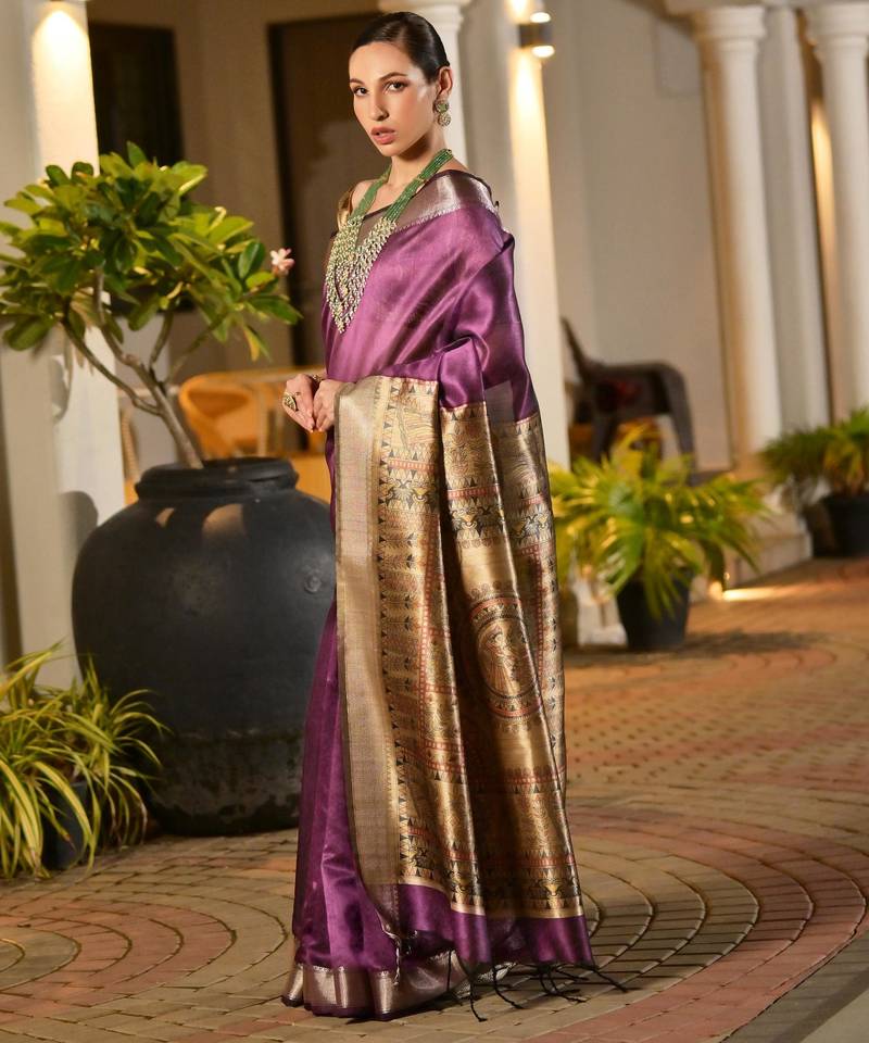 Purple soft khadi raw silk zari woven saree with blouse