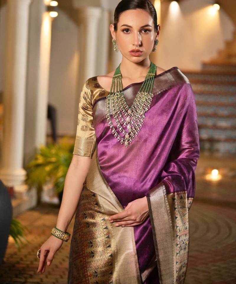 Purple soft khadi raw silk zari woven saree with blouse