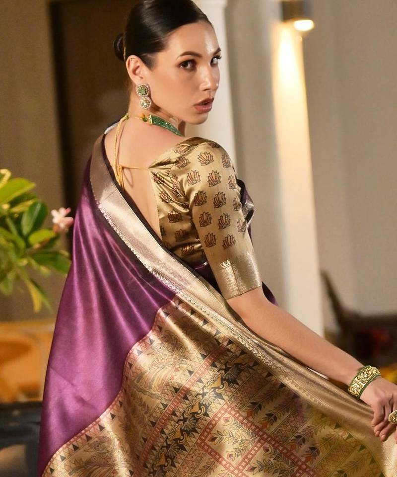 Purple soft khadi raw silk zari woven saree with blouse