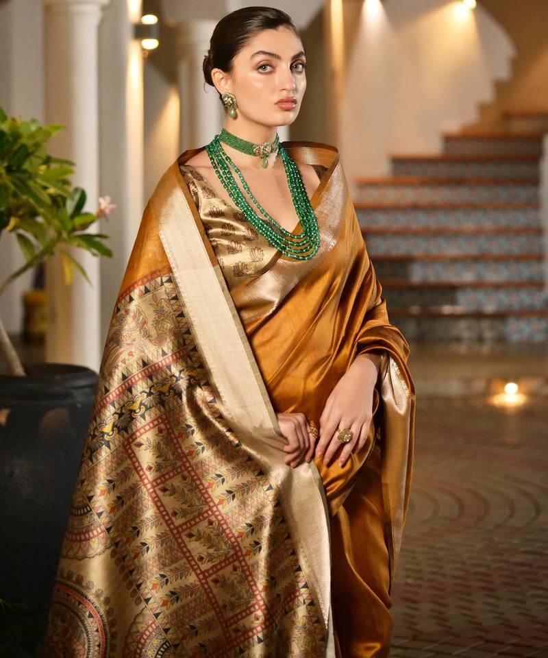 Mustard soft khadi raw silk zari woven saree with blouse