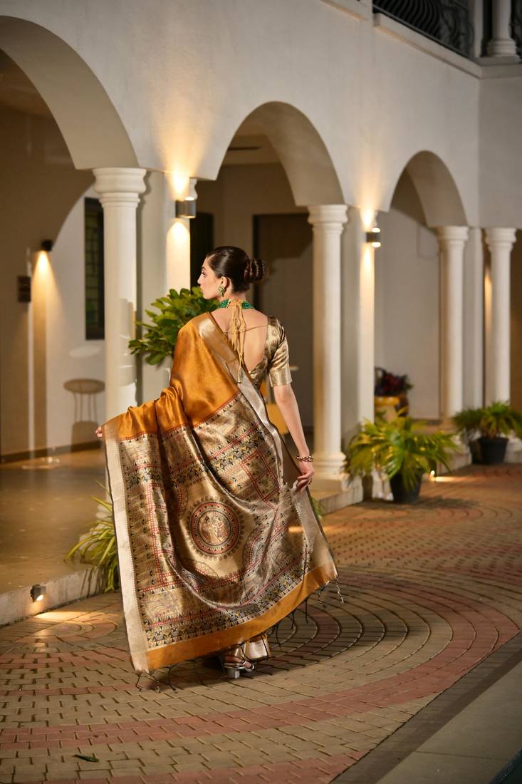 Mustard soft khadi raw silk zari woven saree with blouse