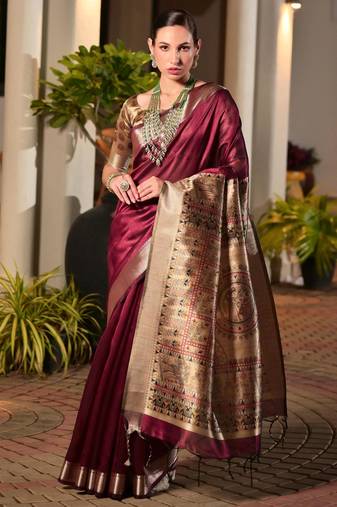 Maroon soft khadi raw silk zari woven saree with blouse