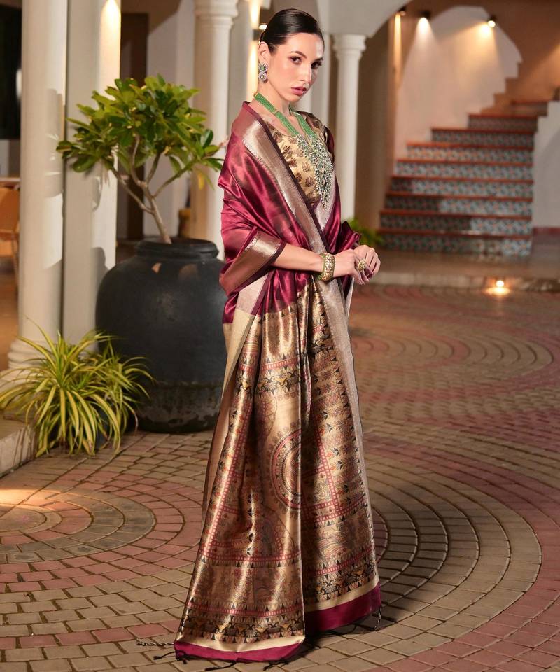 Maroon soft khadi raw silk zari woven saree with blouse