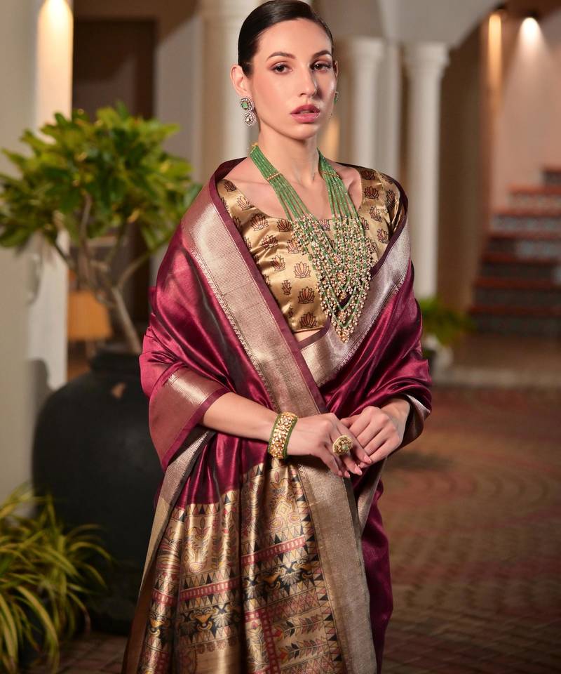 Maroon soft khadi raw silk zari woven saree with blouse