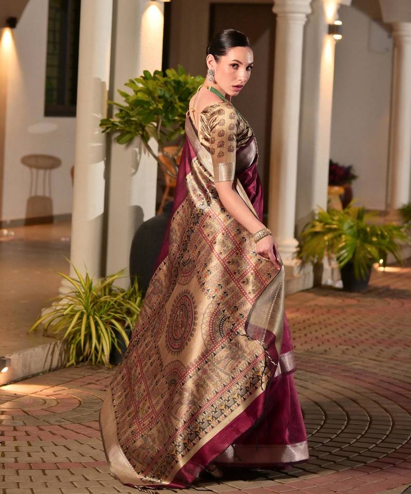 Maroon soft khadi raw silk zari woven saree with blouse