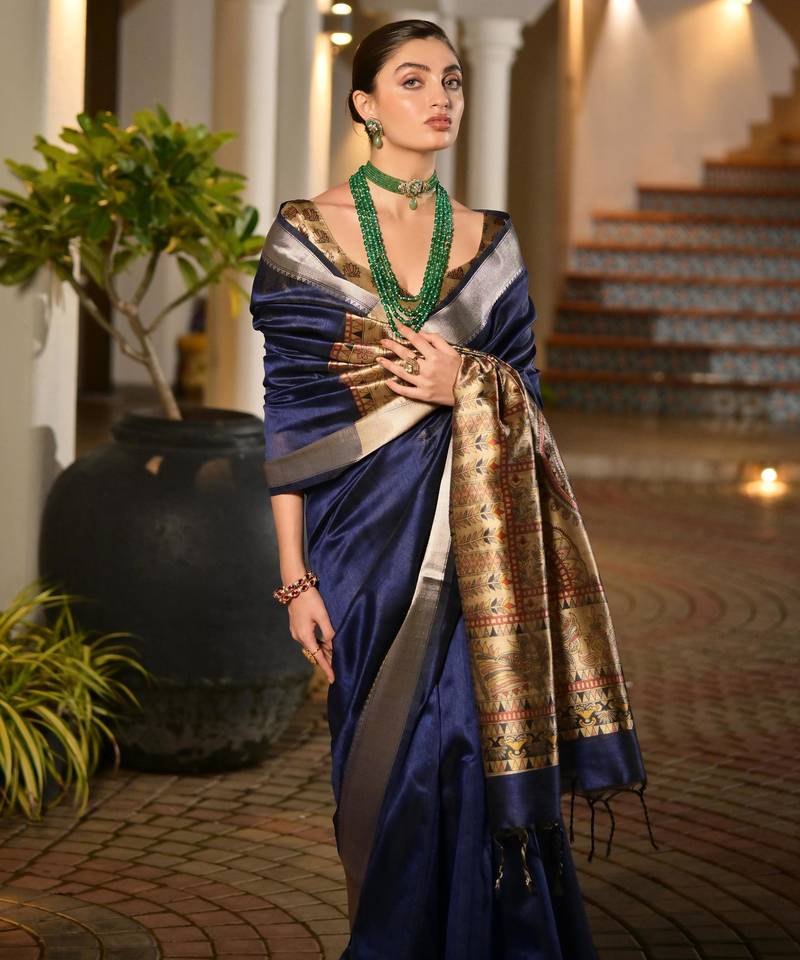 Navy blue soft khadi raw silk zari woven saree with blouse