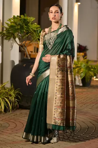 Bottle green soft khadi raw silk zari woven saree with blouse