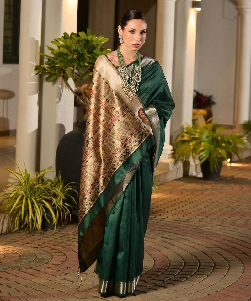Bottle green soft khadi raw silk zari woven saree with blouse