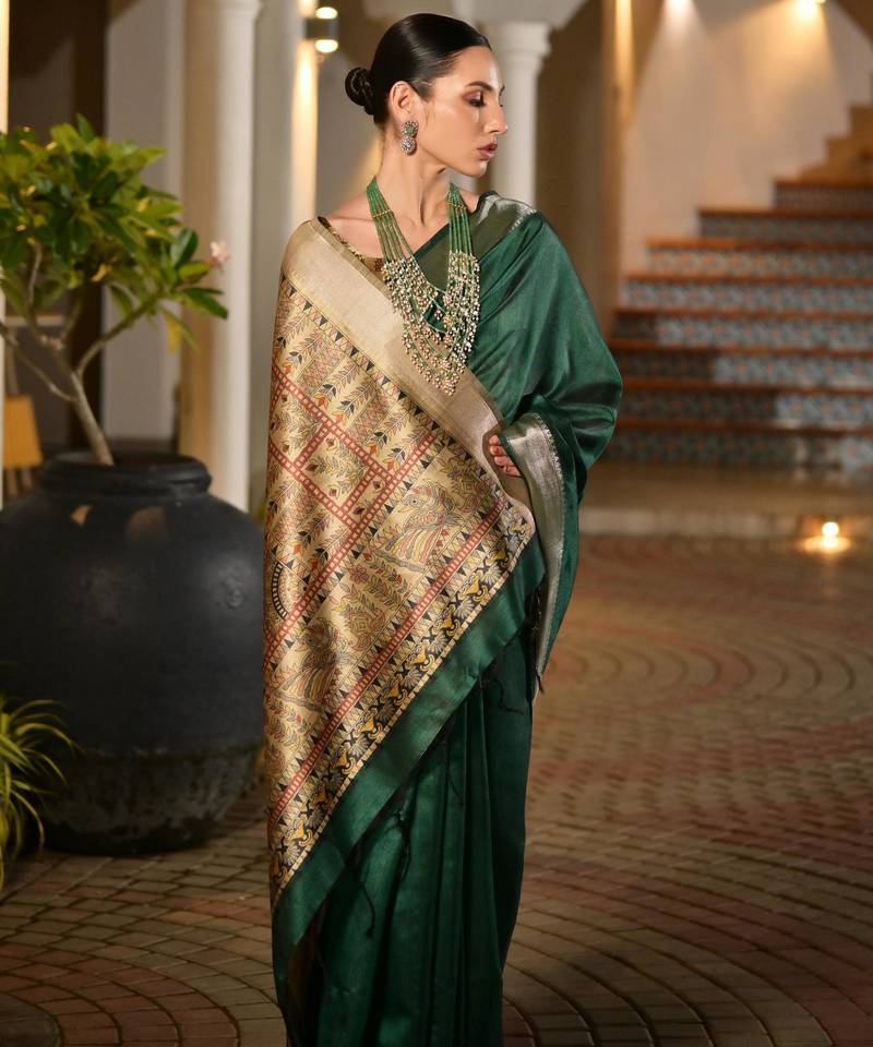 Bottle green soft khadi raw silk zari woven saree with blouse