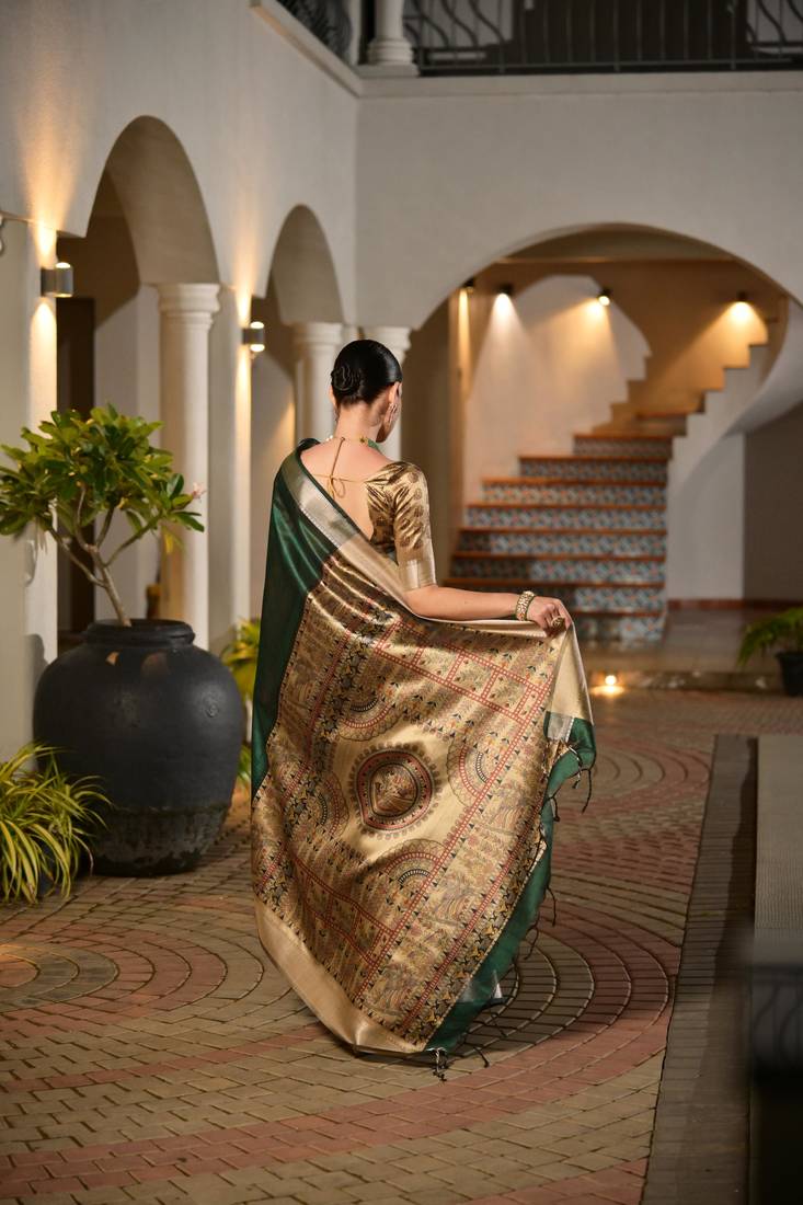 Bottle green soft khadi raw silk zari woven saree with blouse