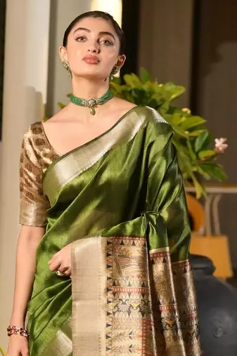Green soft khadi raw silk zari woven saree with blouse