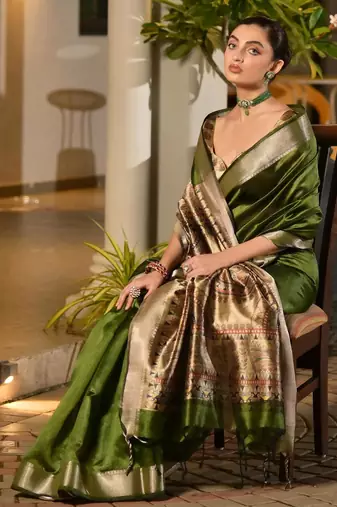 Green soft khadi raw silk zari woven saree with blouse