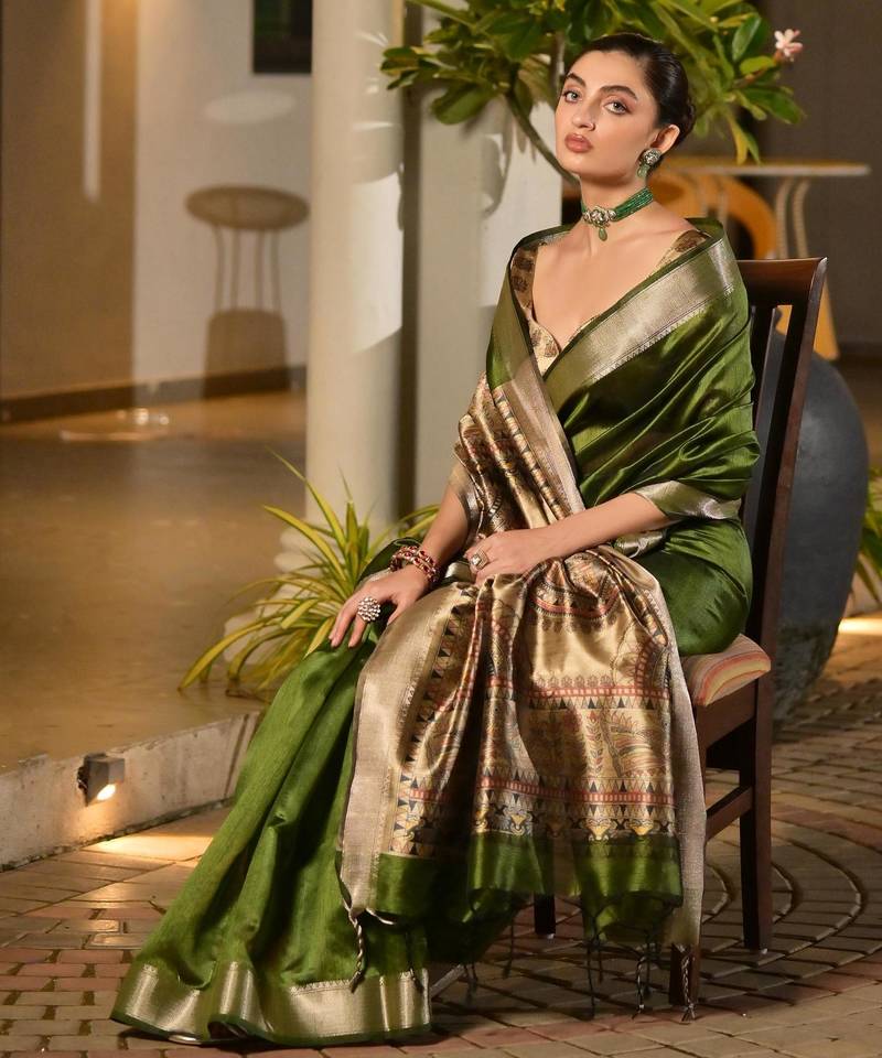 Green soft khadi raw silk zari woven saree with blouse