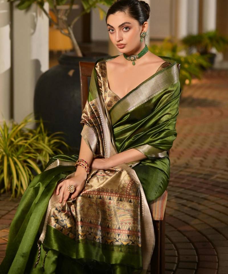 Green soft khadi raw silk zari woven saree with blouse