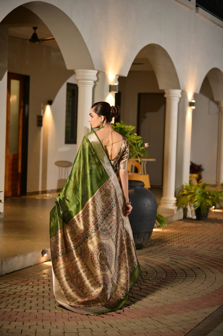 Green soft khadi raw silk zari woven saree with blouse