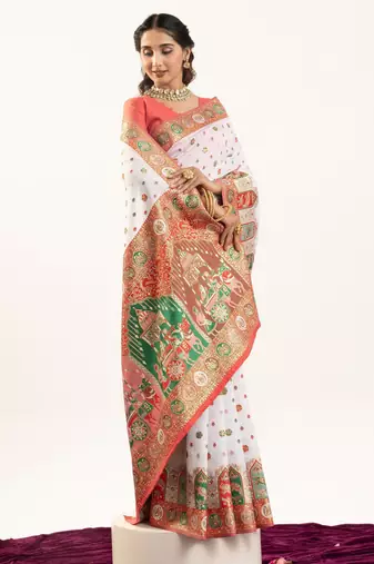 White banarasi pashmina soft silk zari woven saree with blouse