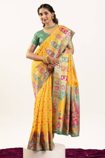 Yellow banarasi pashmina soft silk zari woven saree with blouse