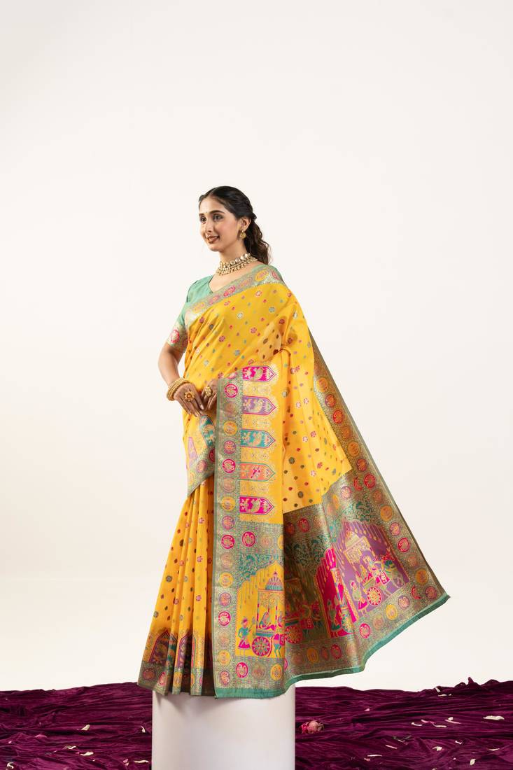 Yellow banarasi pashmina soft silk zari woven saree with blouse
