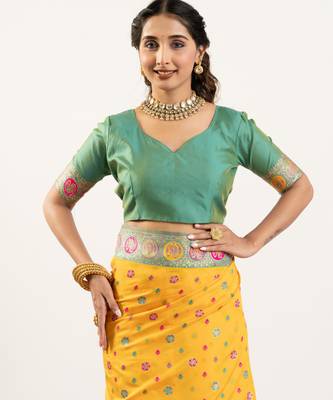 Yellow banarasi pashmina soft silk zari woven saree with blouse 4