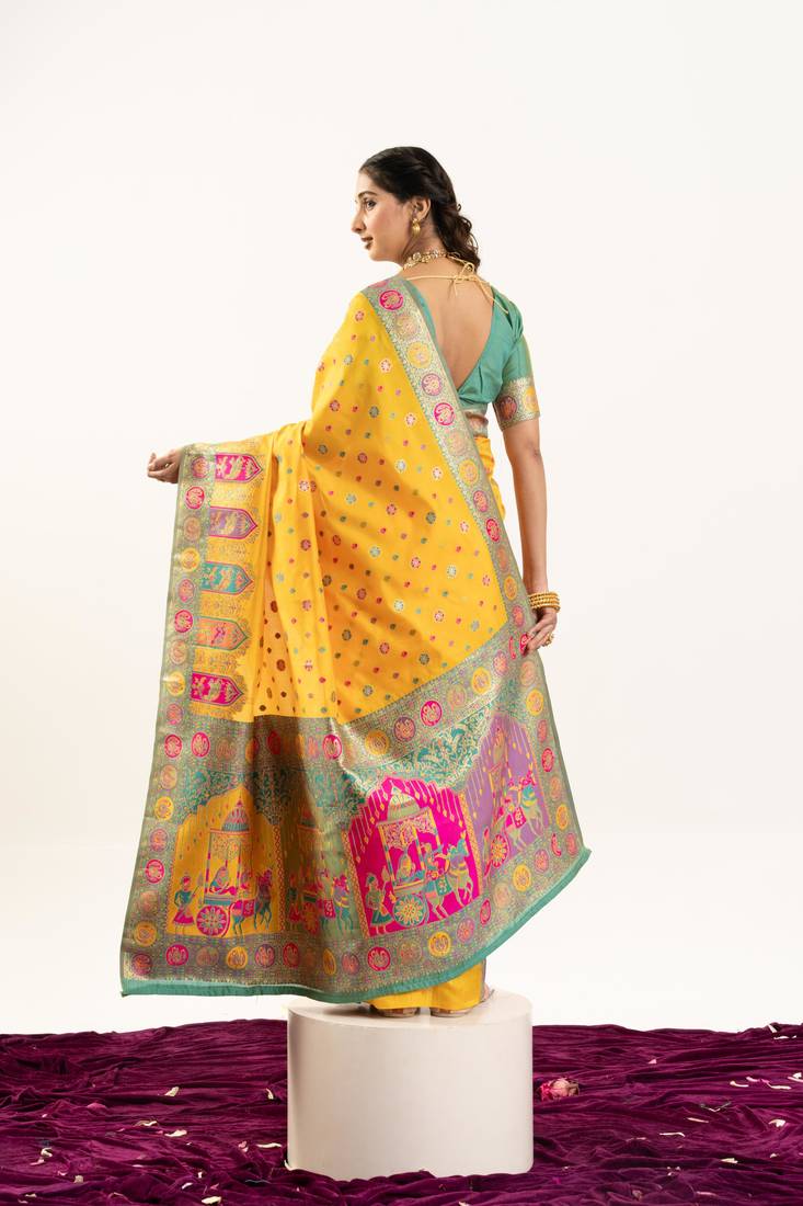 Yellow banarasi pashmina soft silk zari woven saree with blouse