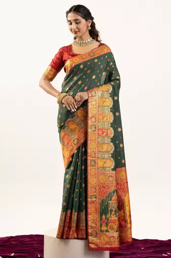 Bottle green banarasi pashmina soft silk zari woven saree with blouse