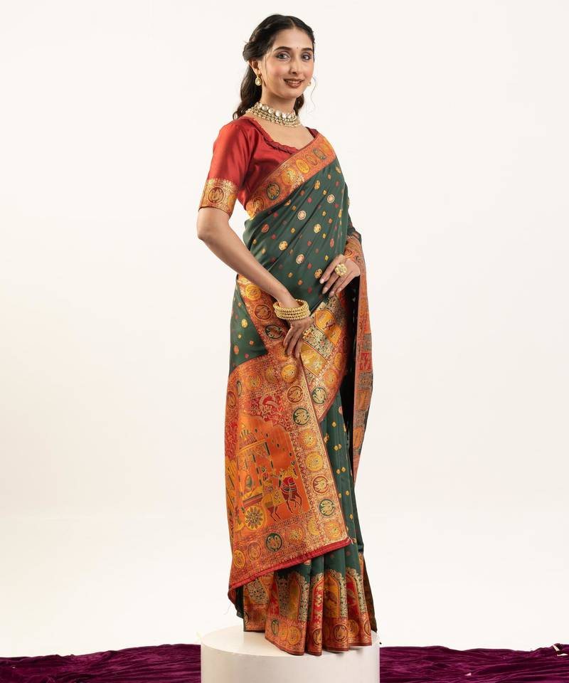 Bottle green banarasi pashmina soft silk zari woven saree with blouse