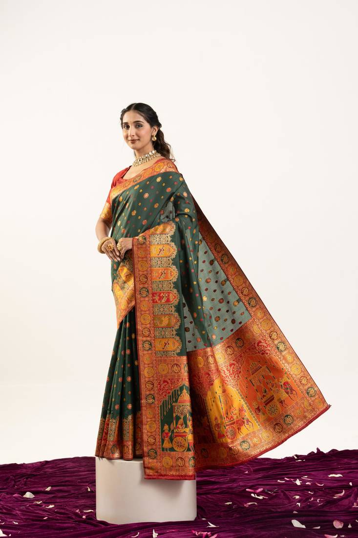 Bottle green banarasi pashmina soft silk zari woven saree with blouse