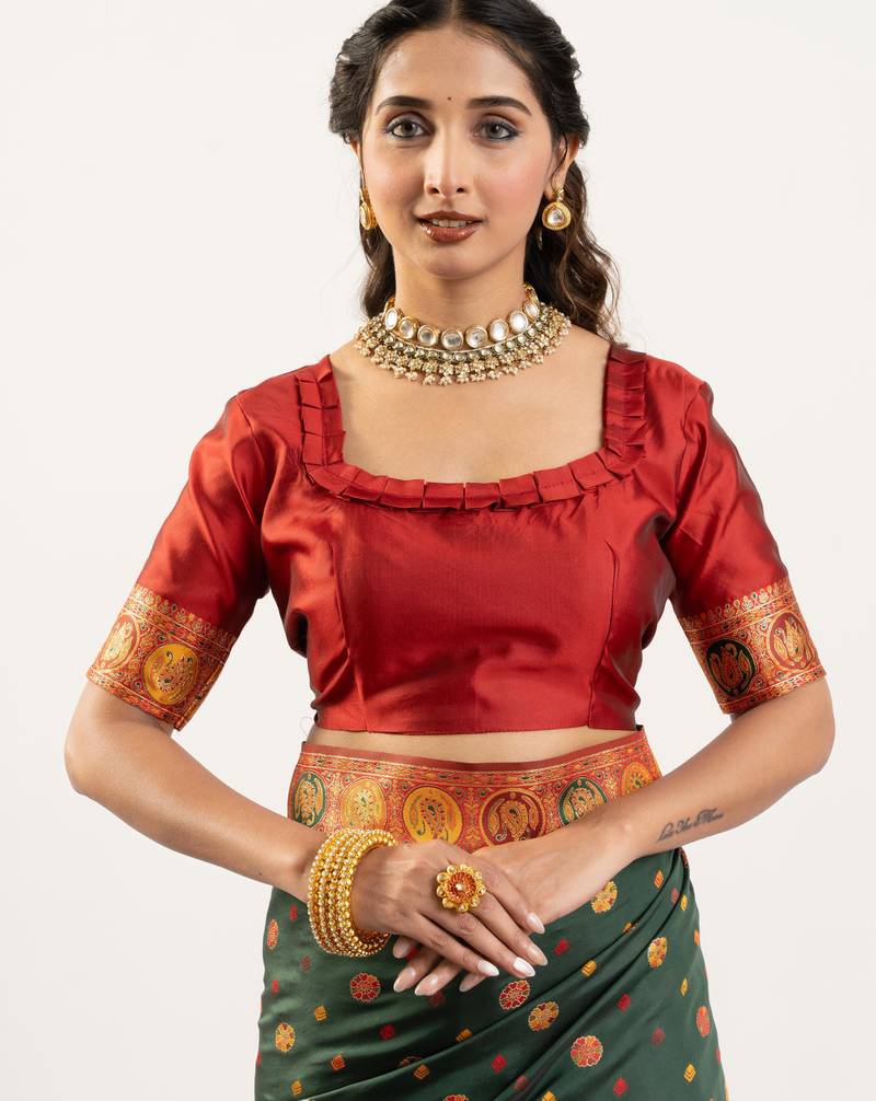 Bottle green banarasi pashmina soft silk zari woven saree with blouse