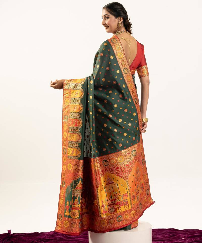 Bottle green banarasi pashmina soft silk zari woven saree with blouse