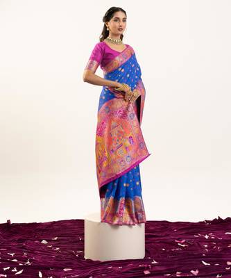Blue banarasi pashmina soft silk zari woven saree with blouse 2