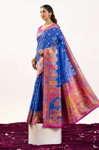 Blue banarasi pashmina soft silk zari woven saree with blouse