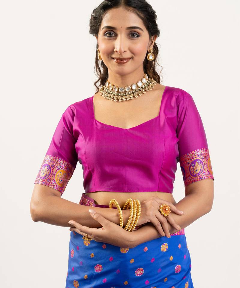 Blue banarasi pashmina soft silk zari woven saree with blouse