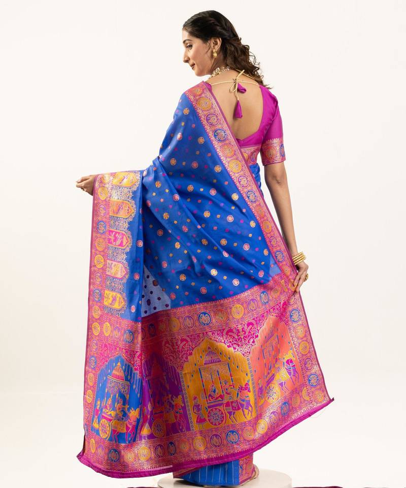 Blue banarasi pashmina soft silk zari woven saree with blouse