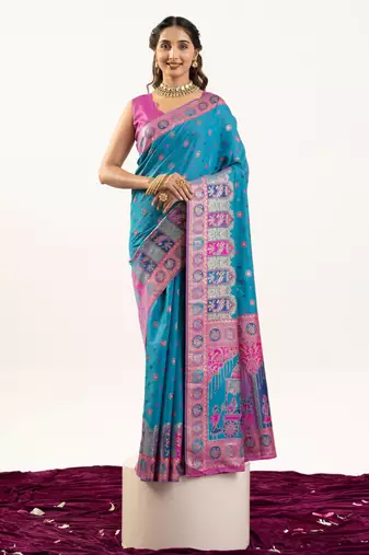 Turquoise banarasi pashmina soft silk zari woven saree with blouse