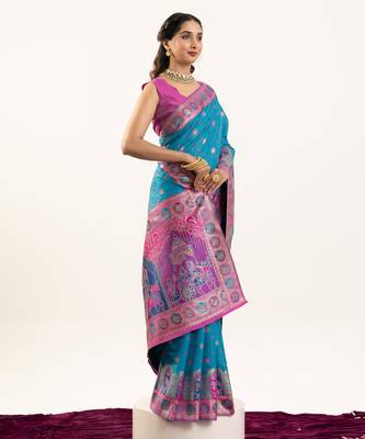 Turquoise banarasi pashmina soft silk zari woven saree with blouse 2