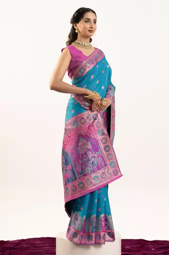 Turquoise banarasi pashmina soft silk zari woven saree with blouse