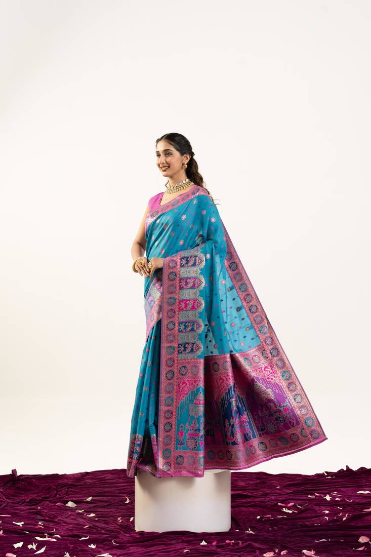 Turquoise banarasi pashmina soft silk zari woven saree with blouse