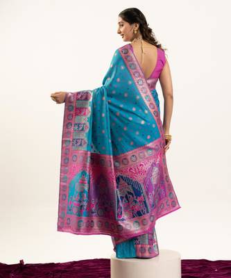 Turquoise banarasi pashmina soft silk zari woven saree with blouse 5