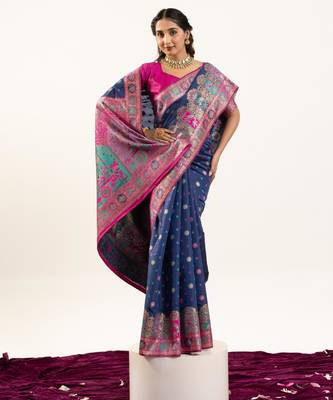 Navy blue banarasi pashmina soft silk zari woven saree with blouse 1