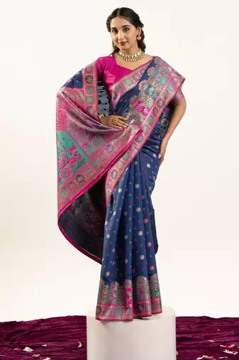 Navy blue banarasi pashmina soft silk zari woven saree with blouse