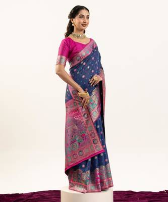Navy blue banarasi pashmina soft silk zari woven saree with blouse 2