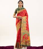 Red banarasi pashmina soft silk zari woven saree with blouse