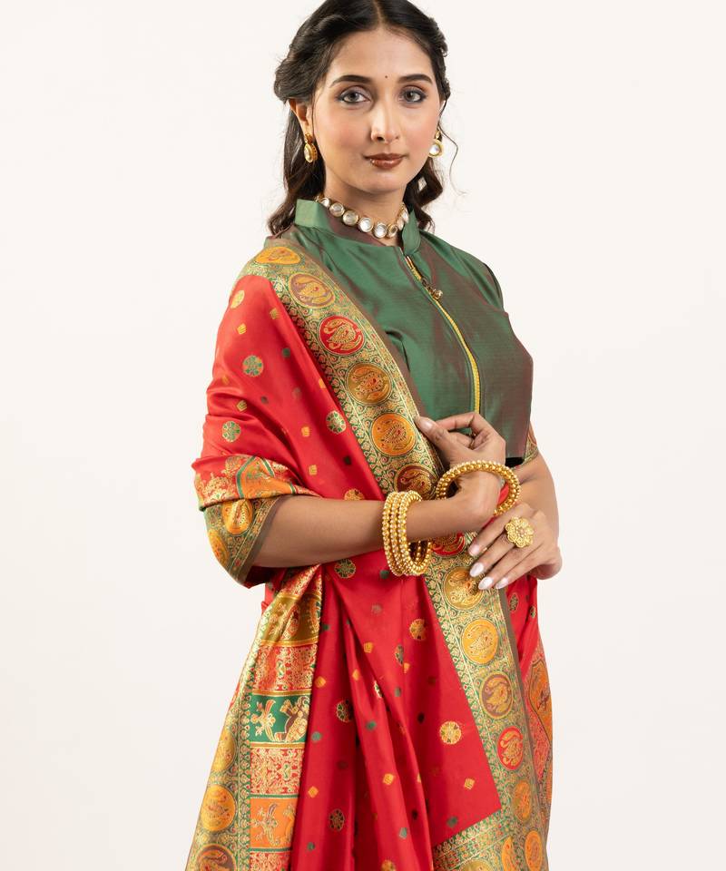 Red banarasi pashmina soft silk zari woven saree with blouse