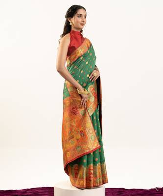 Green banarasi pashmina soft silk zari woven saree with blouse 2
