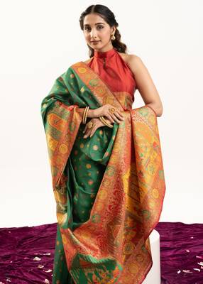 Green banarasi pashmina soft silk zari woven saree with blouse 3