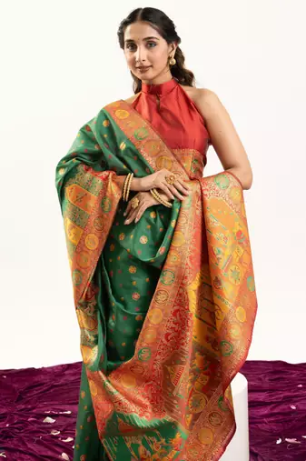 Green banarasi pashmina soft silk zari woven saree with blouse